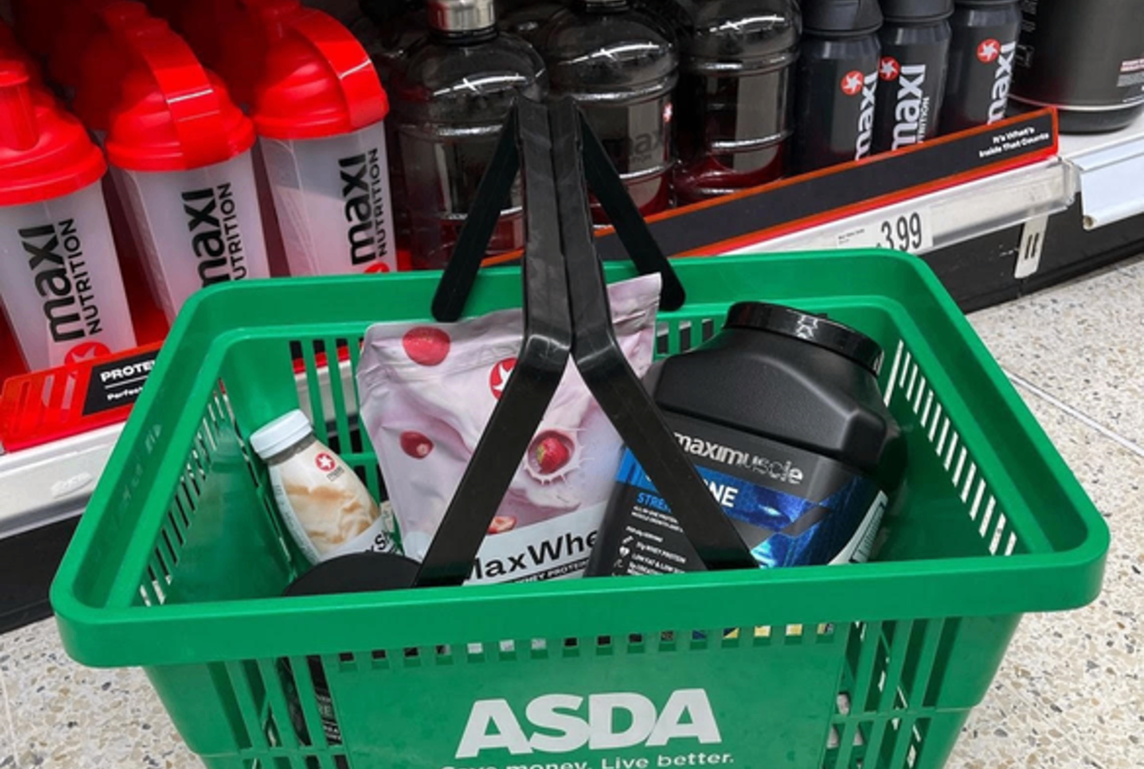Maxinutrition products in an Asda basket